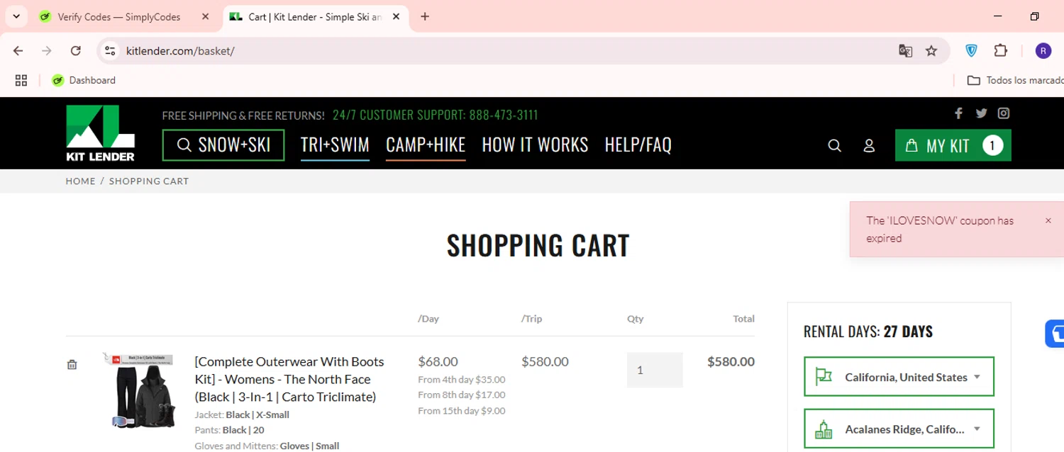 Kit Lender promo code screenshot showing code ILOVESNOW applied at Kit Lender checkout page. Uploaded by SimplyCodes community member PumDaniel on Feb 24, 2025