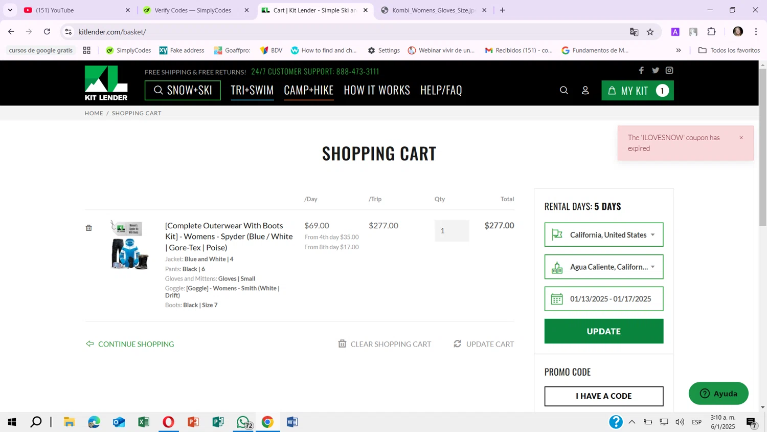Kit Lender promo code screenshot showing code ILOVESNOW applied at Kit Lender checkout page. Uploaded by SimplyCodes community member CaisbelGutFig on Jan 6, 2025