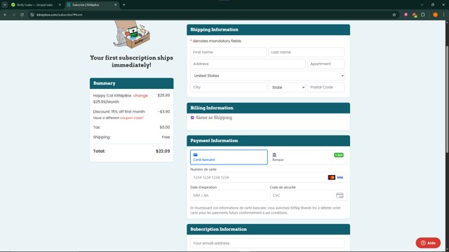 KitNipBox checkout page showing KitNipBox coupon code box | Screenshot taken by SimplyCodes community member on Aug 14, 2025