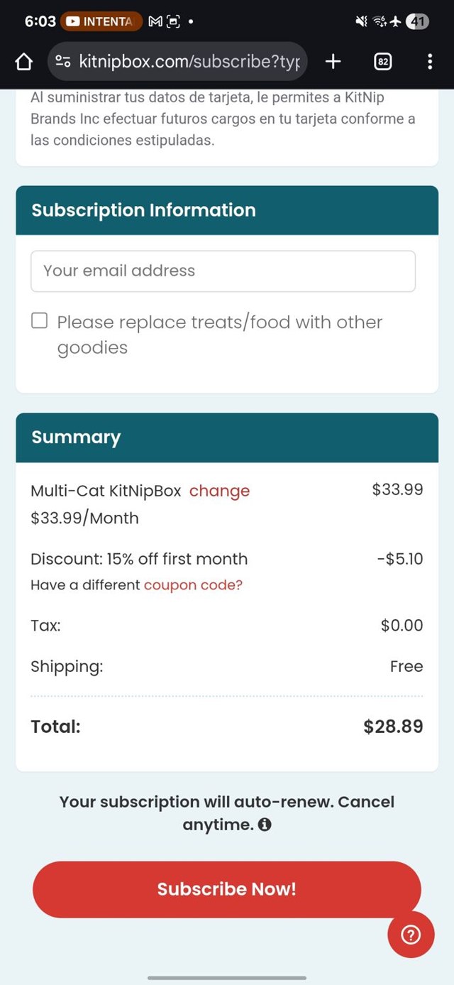 KitNipBox checkout page showing KitNipBox coupon code box | Screenshot taken by SimplyCodes community member on Aug 16, 2025