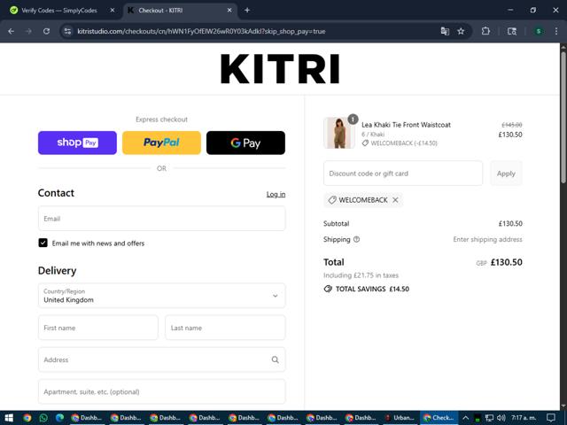 Kitri Studio checkout page showing Kitri Studio discount code box | Screenshot taken by SimplyCodes community member on Jul 31, 2025