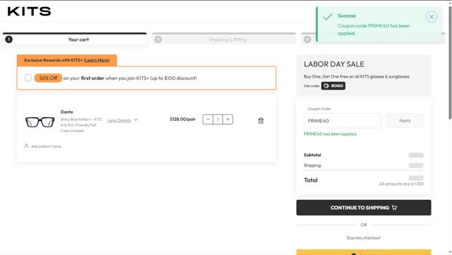 Kits checkout page showing Kits coupon code box | Screenshot taken by SimplyCodes community member on Sep 5, 2025