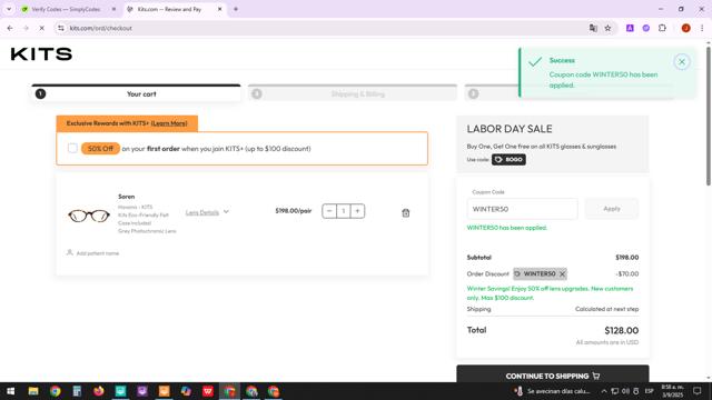 Kits checkout page showing Kits coupon code box | Screenshot taken by SimplyCodes community member on Sep 3, 2025