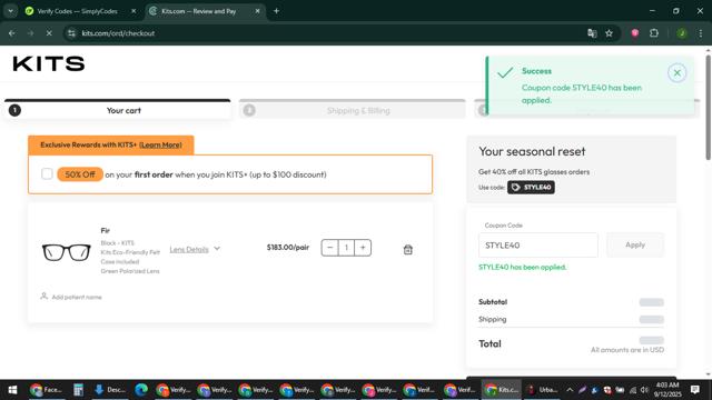 Kits checkout page showing Kits coupon code box | Screenshot taken by SimplyCodes community member on Sep 12, 2025