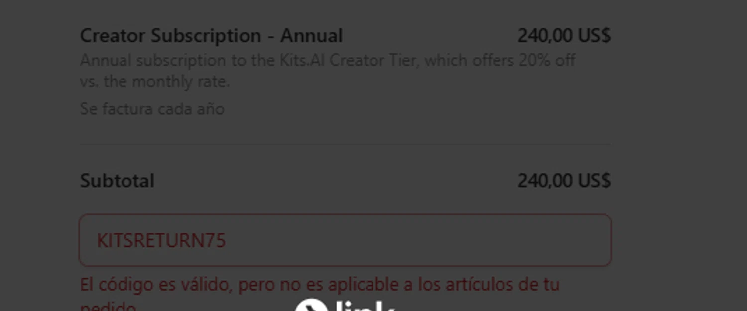 Kits AI promo code screenshot showing code kitsreturn75 applied at Kits AI checkout page. Uploaded by SimplyCodes community member Jvllsk1 on Apr 21, 2025