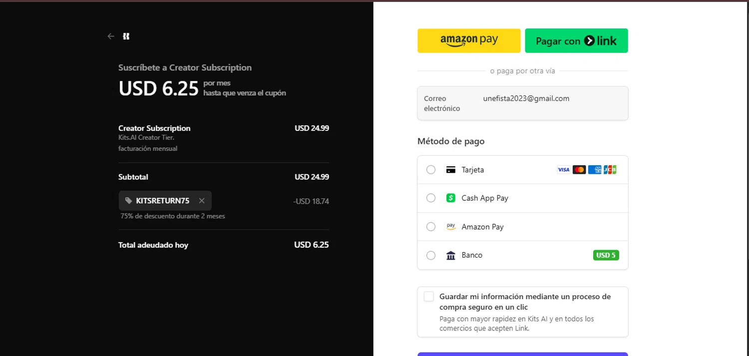 Kits AI promo code screenshot showing code kitsreturn75 applied at Kits AI checkout page. Uploaded by SimplyCodes community member juanisaac on Apr 21, 2025