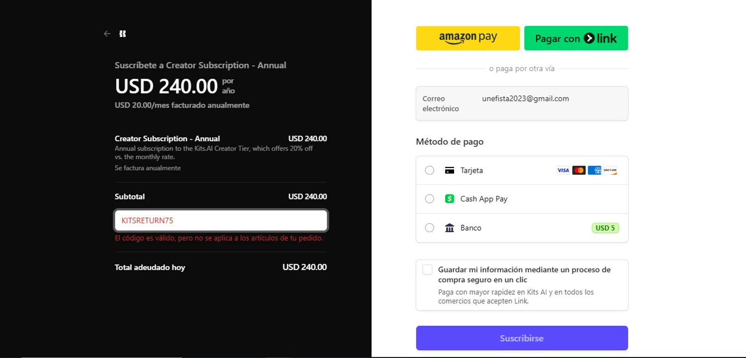 Kits AI promo code screenshot showing code kitsreturn75 applied at Kits AI checkout page. Uploaded by SimplyCodes community member juanisaac on Mar 23, 2025