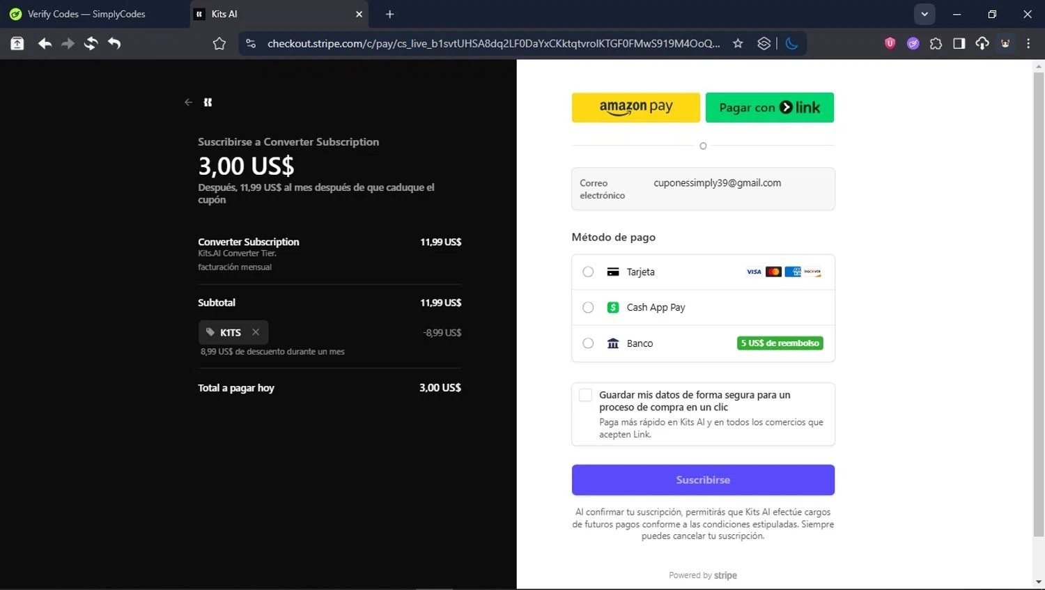 Kits AI promo code screenshot showing code K1TS applied at Kits AI checkout page. Uploaded by SimplyCodes community member USER_RANDON on Jun 21, 2025