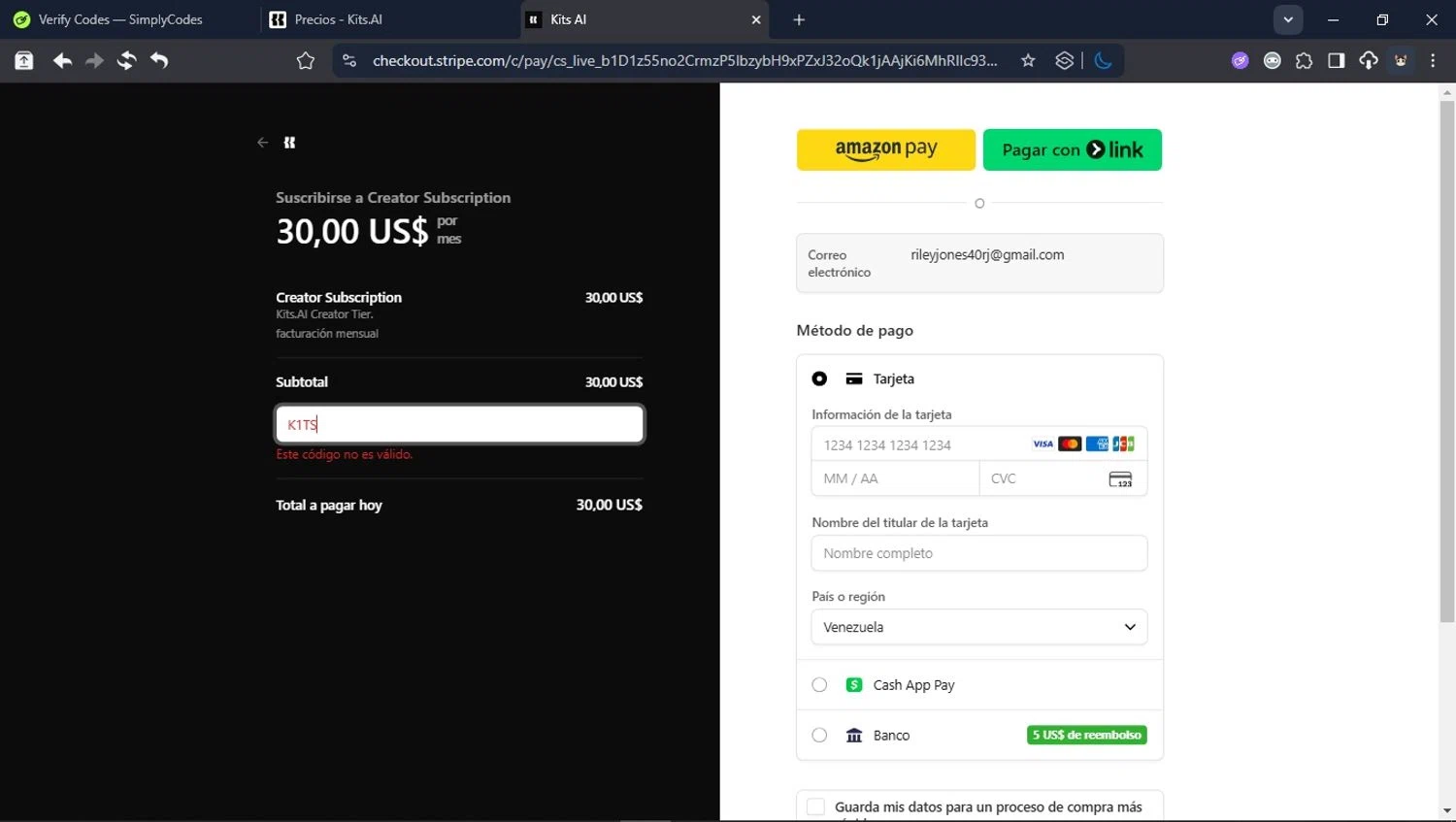 Kits AI promo code screenshot showing code K1TS applied at Kits AI checkout page. Uploaded by SimplyCodes community member User_Randon1 on Aug 28, 2025