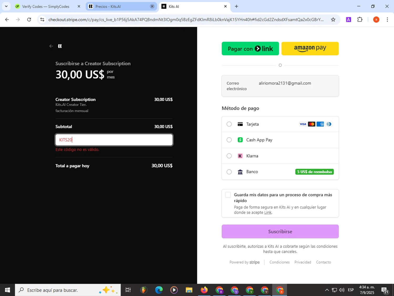 Kits AI promo code screenshot showing code KITS20 applied at Kits AI checkout page. Uploaded by SimplyCodes community member partenalgas on Sep 7, 2025