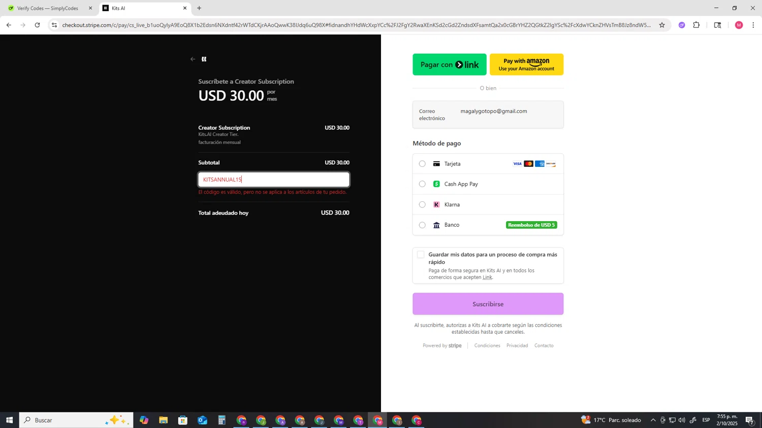 Kits AI checkout page showing Kits AI promo code box | Screenshot taken by SimplyCodes community member on Oct 2, 2025