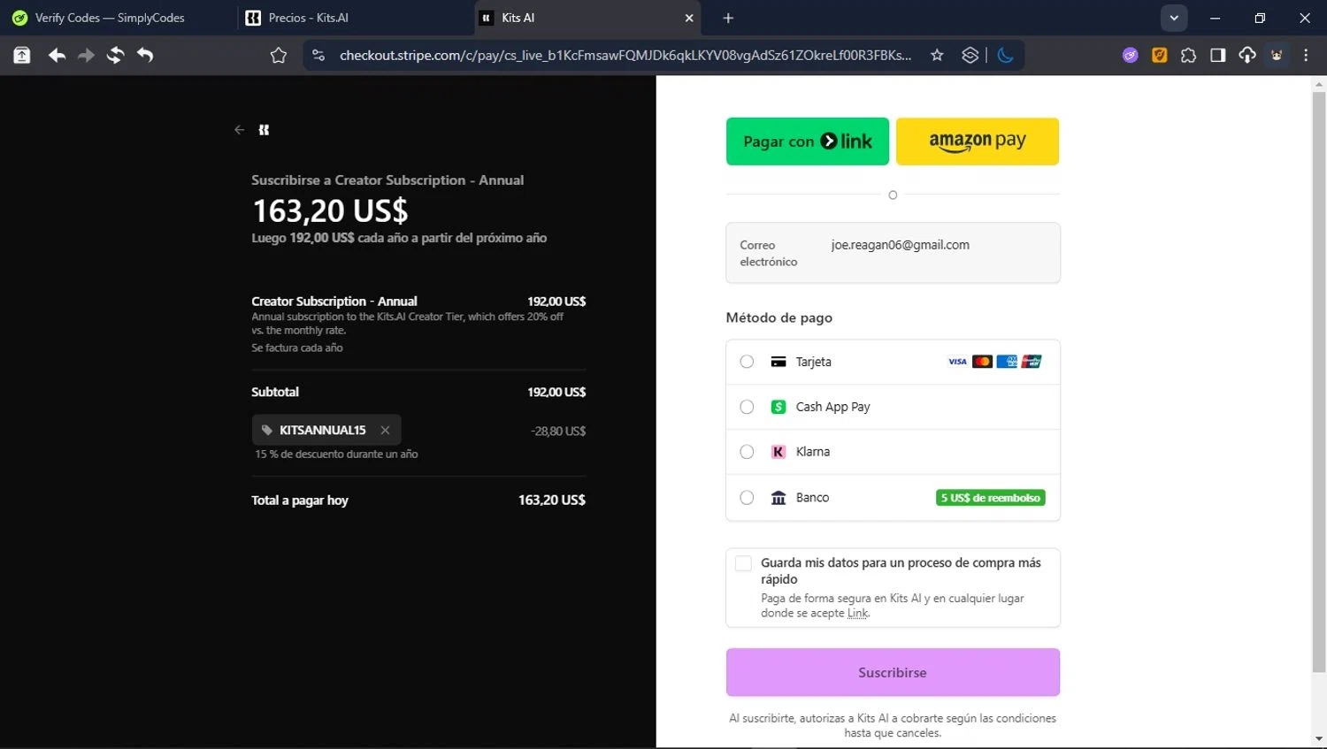 Kits AI checkout page showing Kits AI promo code box | Screenshot taken by SimplyCodes community member on Sep 23, 2025