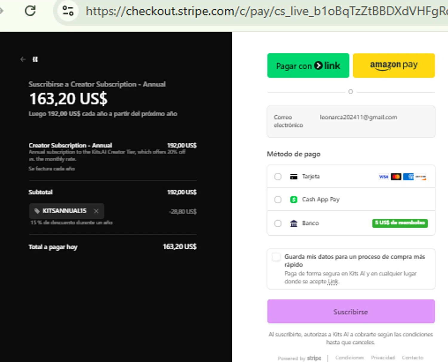 Kits AI checkout page showing Kits AI promo code box | Screenshot taken by SimplyCodes community member on Oct 2, 2025