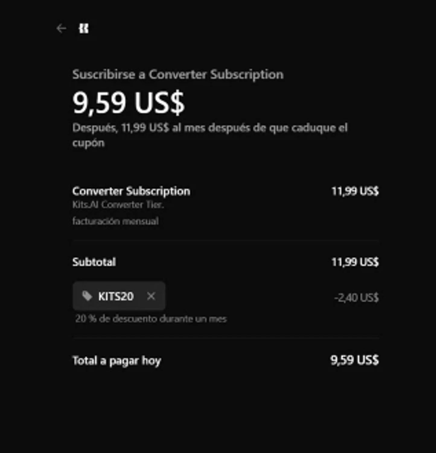 Kits AI promo code screenshot showing code KITS20 applied at Kits AI checkout page. Uploaded by SimplyCodes community member RonaldAcunaJr on Aug 17, 2025