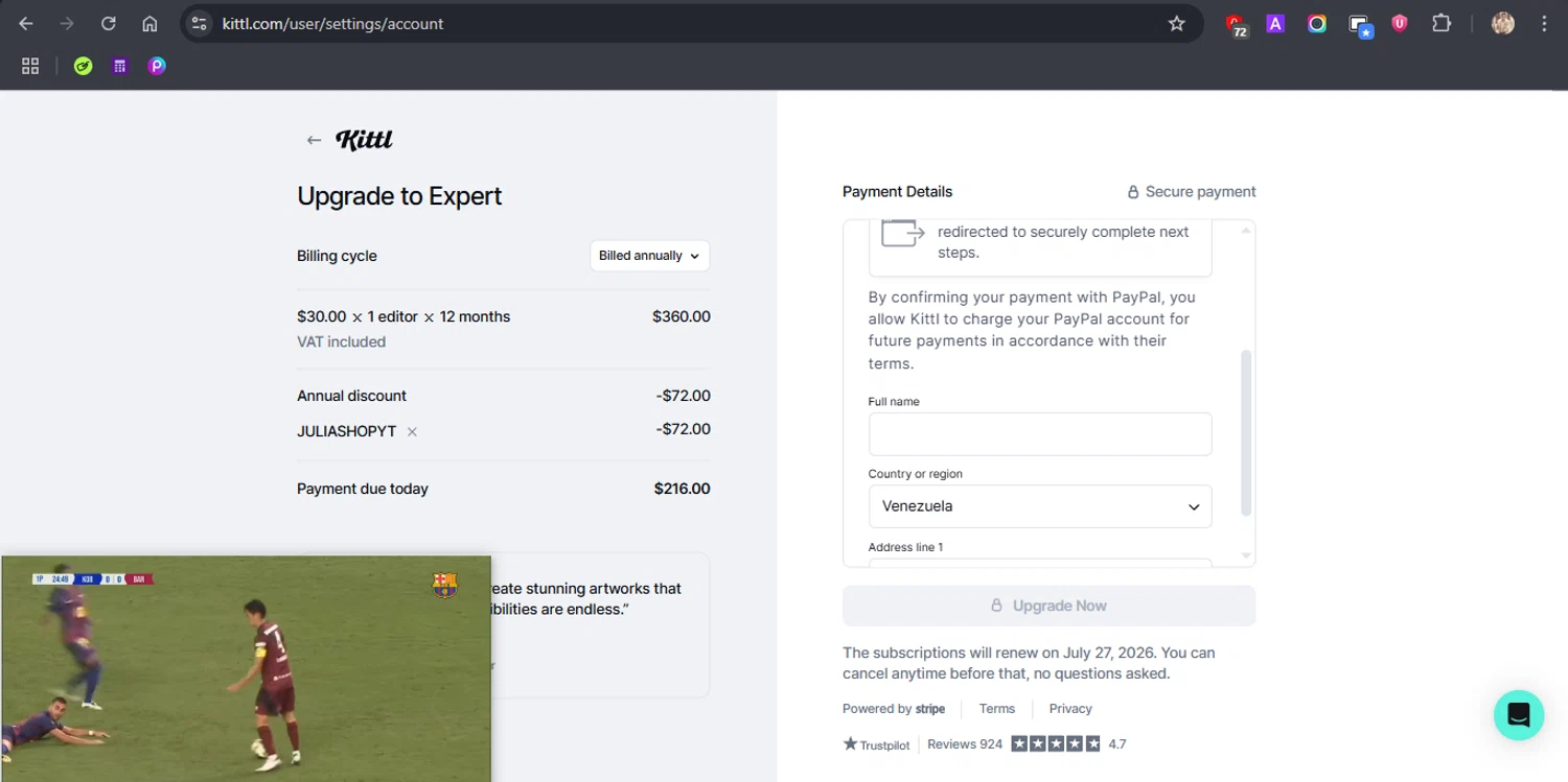 Kittl promo code screenshot showing code JULIASHOPYT applied at Kittl checkout page. Uploaded by SimplyCodes community member EJL_MIQUILENA on Jul 27, 2025