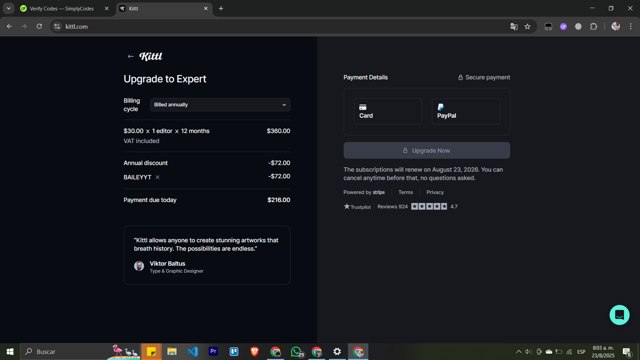 Kittl checkout page showing Kittl promo code box | Screenshot taken by SimplyCodes community member on Aug 23, 2025