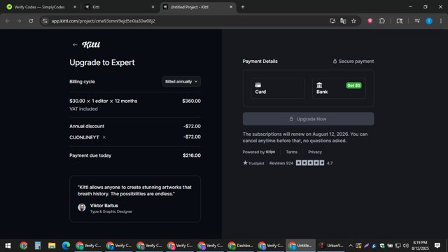 Kittl checkout page showing Kittl promo code box | Screenshot taken by SimplyCodes community member on Aug 12, 2025