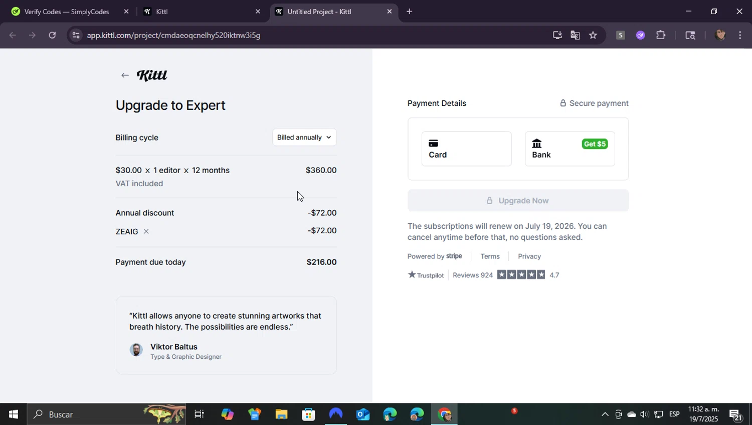 Kittl promo code screenshot showing code ZEAIG applied at Kittl checkout page. Uploaded by SimplyCodes community member ShieldEagle9436 on Jul 19, 2025