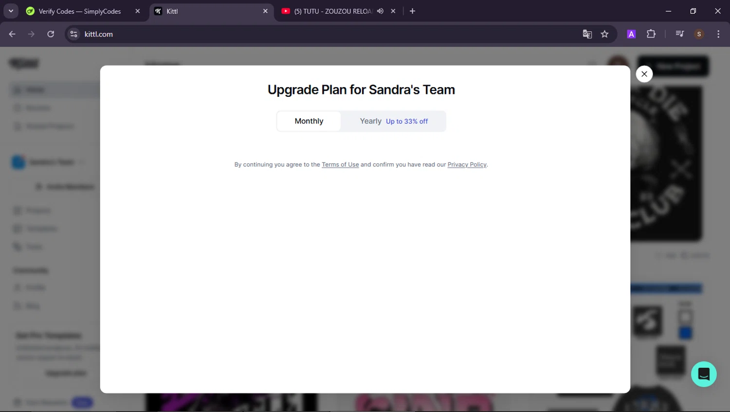 Kittl promo code screenshot showing code DIVYAYT applied at Kittl checkout page. Uploaded by SimplyCodes community member ShieldAdmiral2781 on Jun 20, 2025