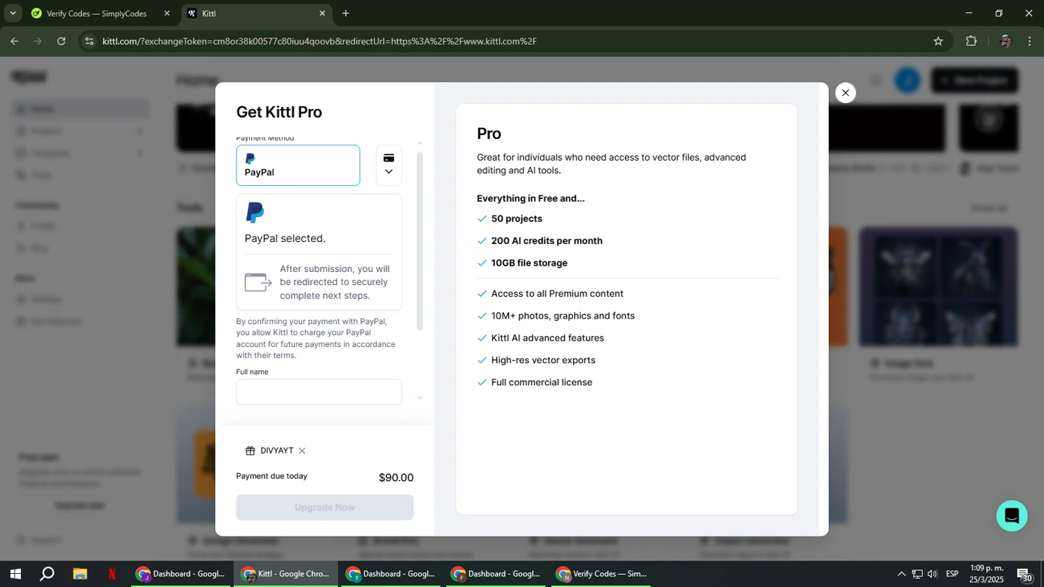 Kittl promo code screenshot showing code DIVYAYT applied at Kittl checkout page. Uploaded by SimplyCodes community member xxdddd on Mar 25, 2025