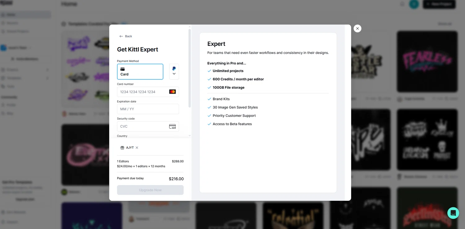 Kittl promo code screenshot showing code AJYT applied at Kittl checkout page. Uploaded by SimplyCodes community member Frionel_Pessi on Jun 26, 2025