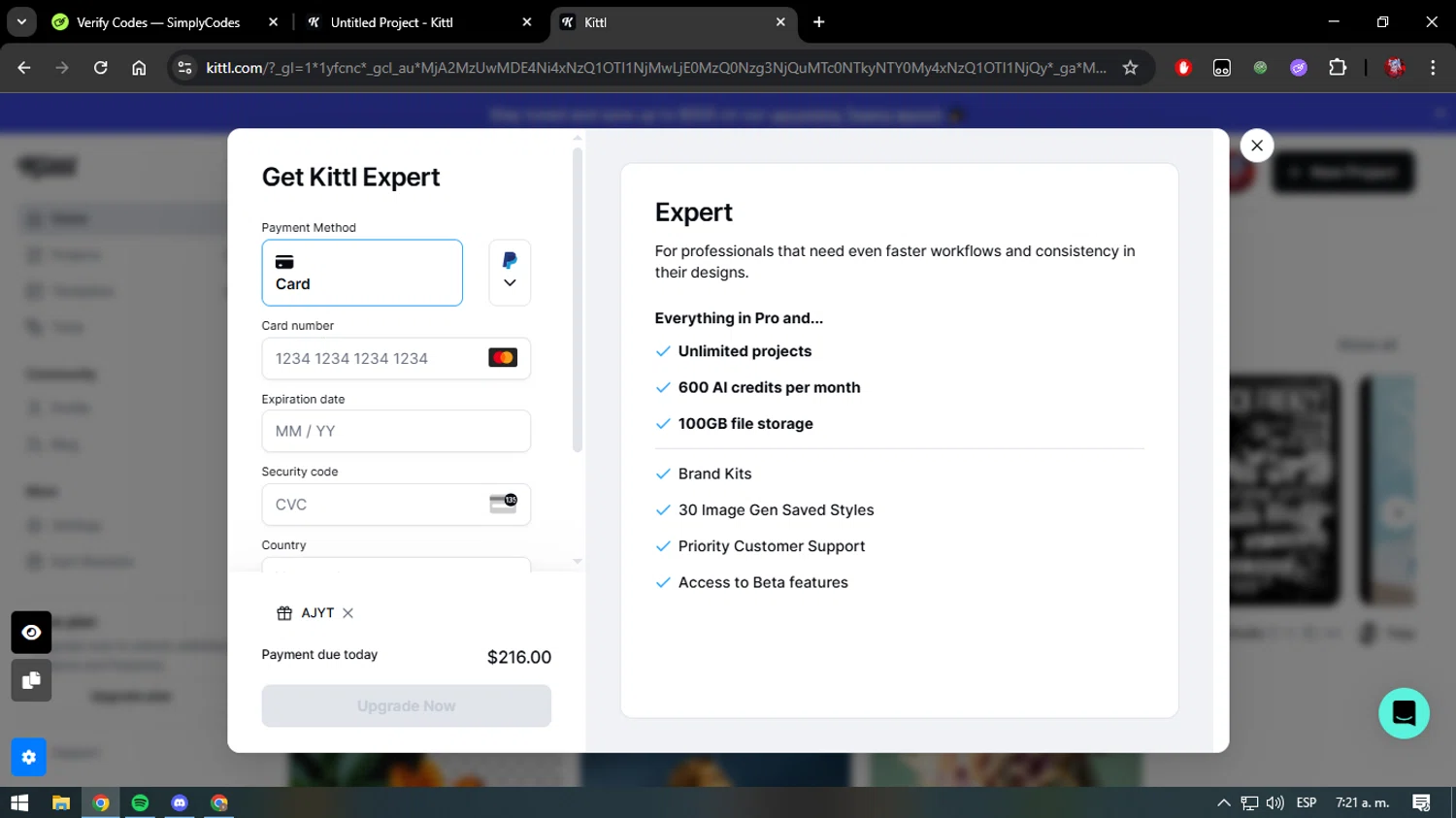 Kittl promo code screenshot showing code AJYT applied at Kittl checkout page. Uploaded by SimplyCodes community member CouponHawk7847 on Apr 29, 2025