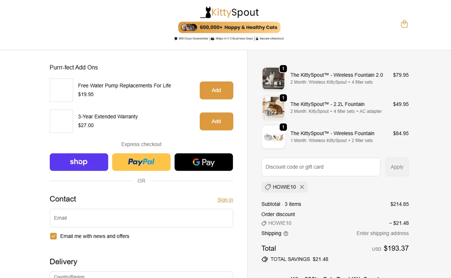 KittySpout discount code screenshot showing code HOWIE10 applied at KittySpout checkout page. Uploaded by SimplyCodes community member Princesasofia on Nov 10, 2025