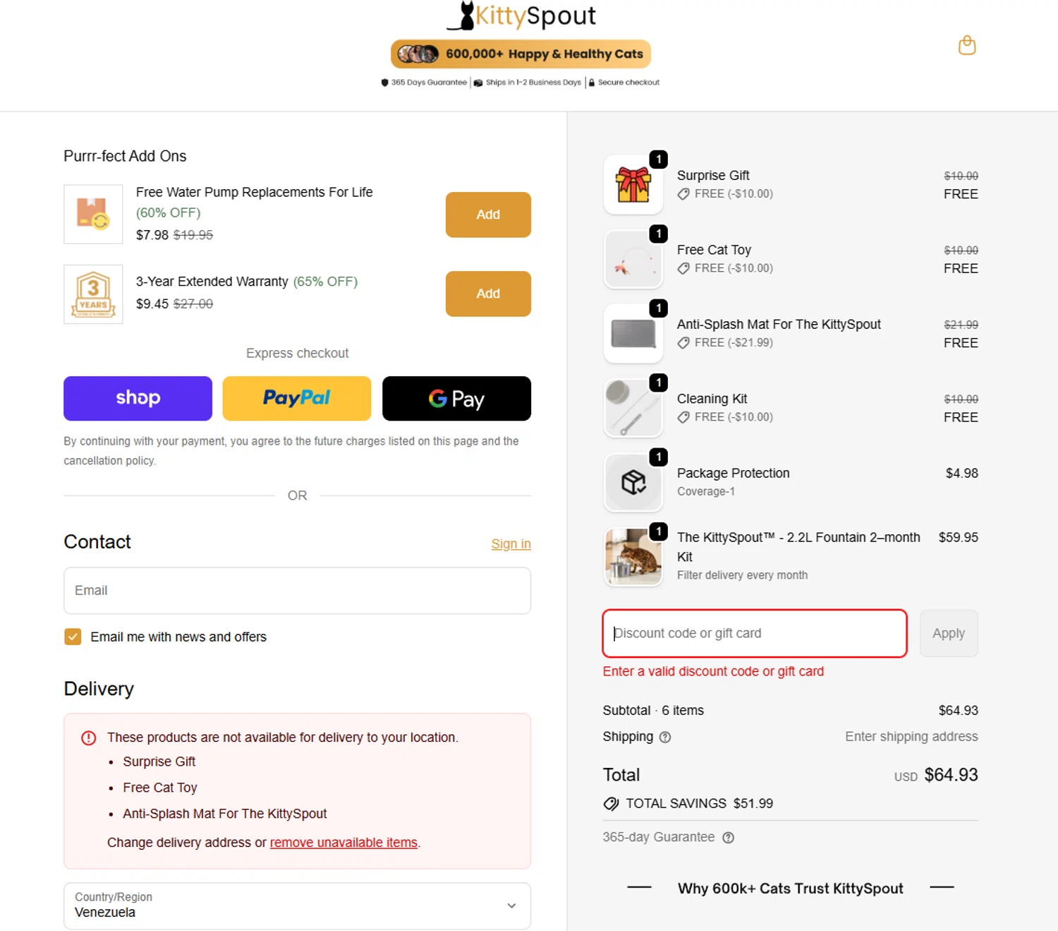 KittySpout promo code screenshot showing code ADBF4 applied at KittySpout checkout page. Uploaded by SimplyCodes community member Handivlak on Feb 20, 2026