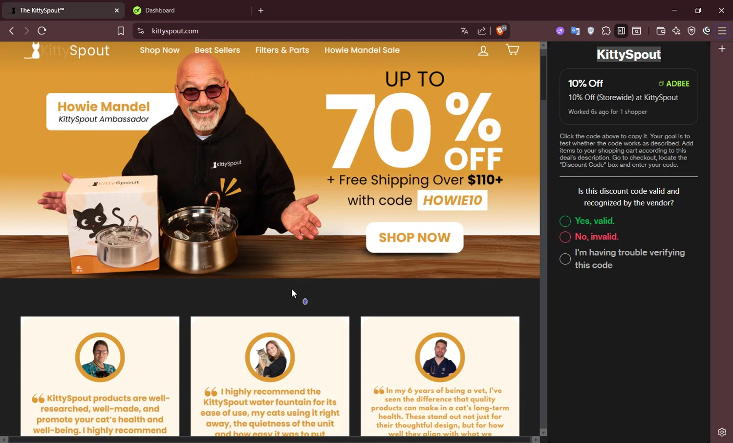 KittySpout discount code screenshot showing code HOWIE10 applied at KittySpout checkout page. Uploaded by SimplyCodes community member Jisus007 on Aug 6, 2025
