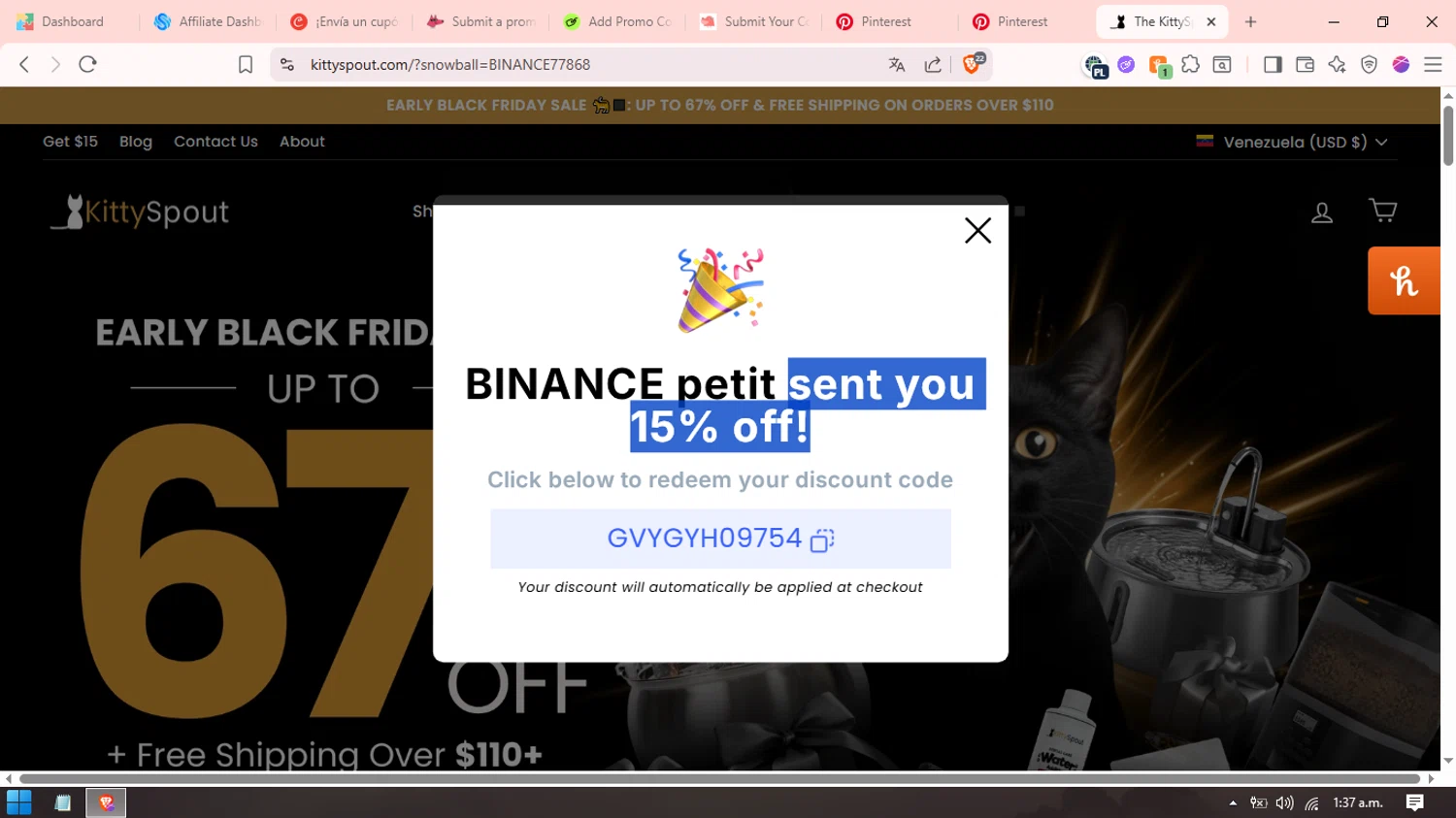 KittySpout discount code screenshot showing code GVYGYH09754 applied at KittySpout checkout page. Uploaded by SimplyCodes community member Simplycodes_ on Nov 3, 2025