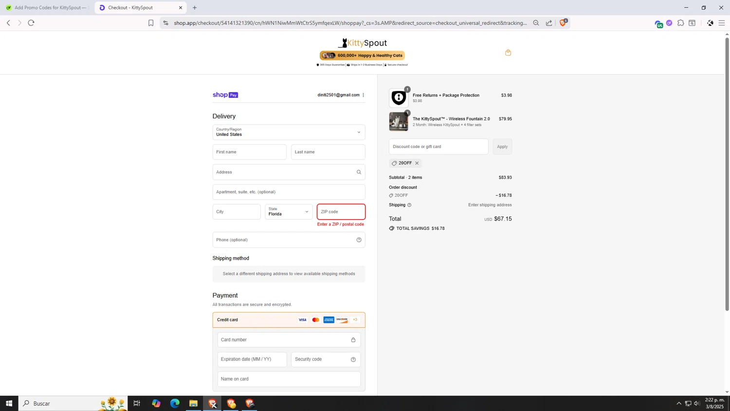KittySpout discount code screenshot showing code 20OFF applied at KittySpout checkout page. Uploaded by SimplyCodes community member VictoriousDefender7352 on Aug 3, 2025