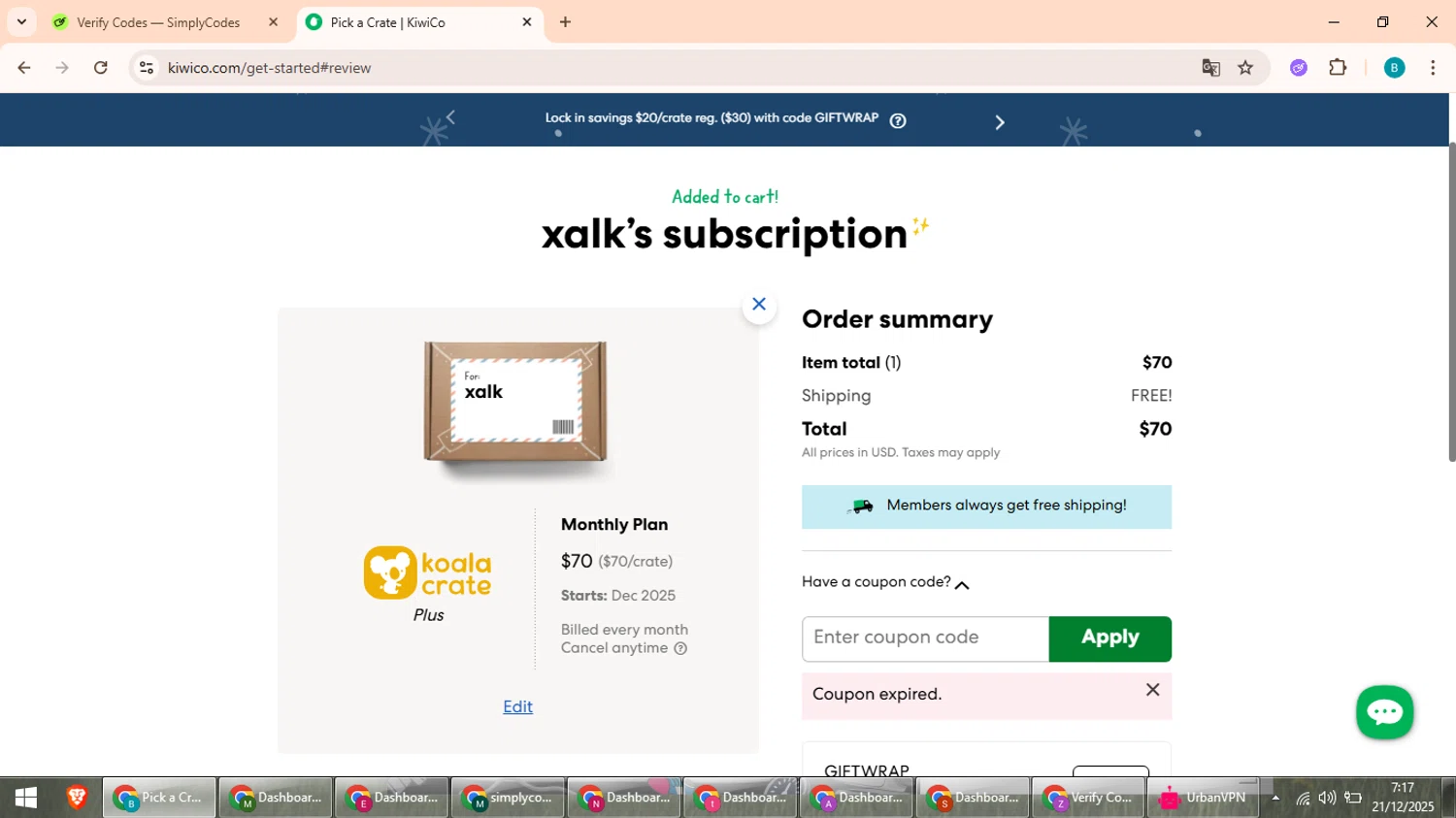 KiwiCo promo code screenshot showing code WONDER applied at KiwiCo checkout page. Uploaded by SimplyCodes community member QuestScholar5572 on Dec 21, 2025