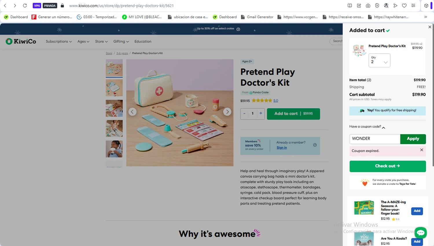 KiwiCo promo code screenshot showing code WONDER applied at KiwiCo checkout page. Uploaded by SimplyCodes community member VoucherWhiz9254 on Dec 21, 2025