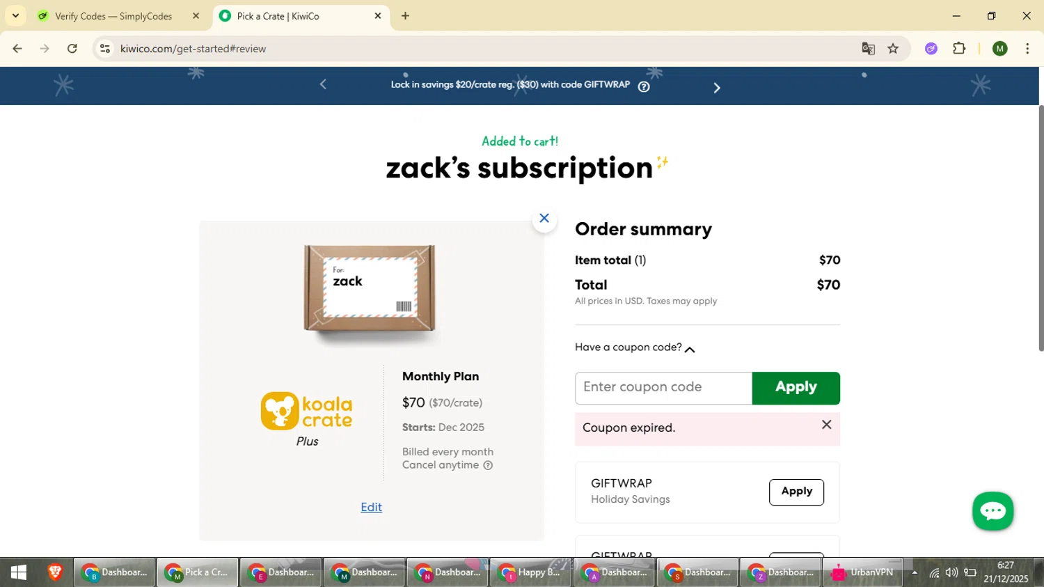 KiwiCo promo code screenshot showing code WONDER applied at KiwiCo checkout page. Uploaded by SimplyCodes community member loversuper on Dec 21, 2025