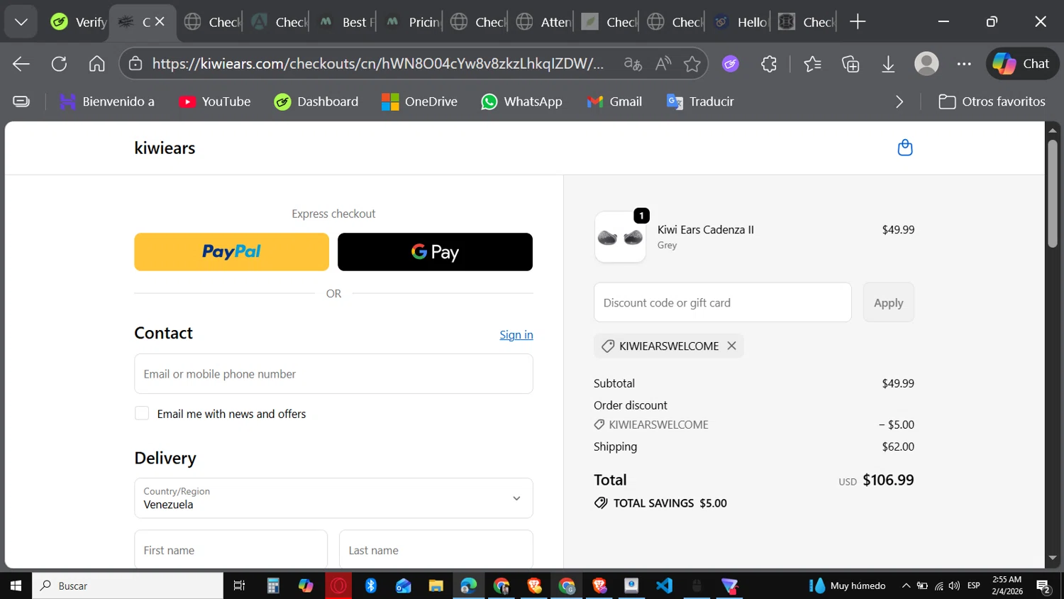 Kiwi Ears checkout page showing Kiwi Ears discount code box | Screenshot taken by SimplyCodes community member on Feb 4, 2026