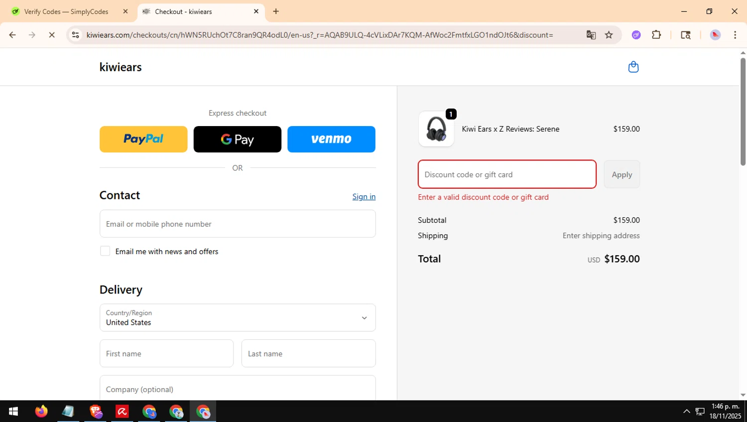 Kiwi Ears discount code screenshot showing code KIWIEARSWELCOME applied at Kiwi Ears checkout page. Uploaded by SimplyCodes community member ValueFox5508 on Nov 18, 2025