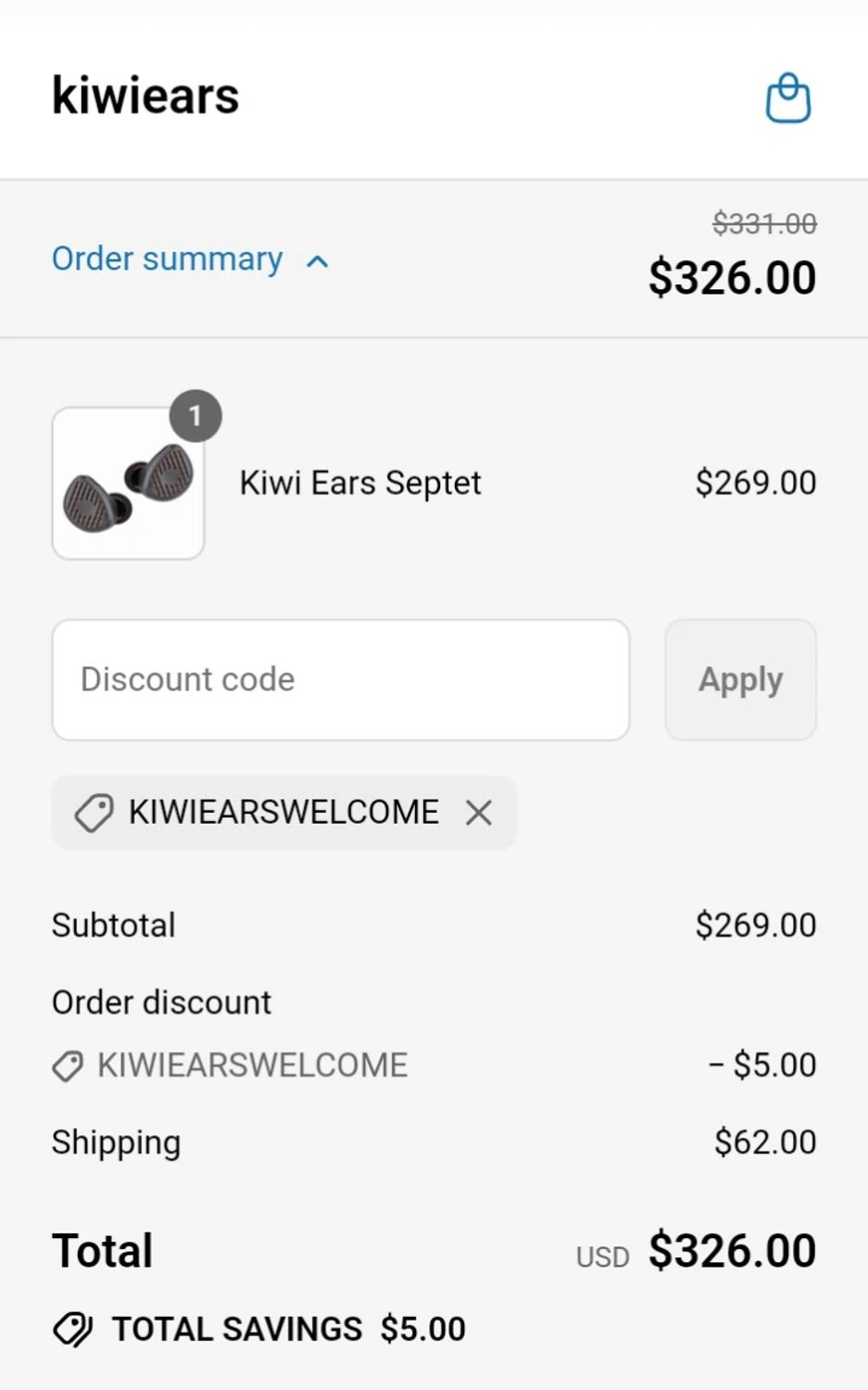 Kiwi Ears discount code screenshot showing code KIWIEARSWELCOME applied at Kiwi Ears checkout page. Uploaded by SimplyCodes community member MRDEAL on Jul 14, 2025
