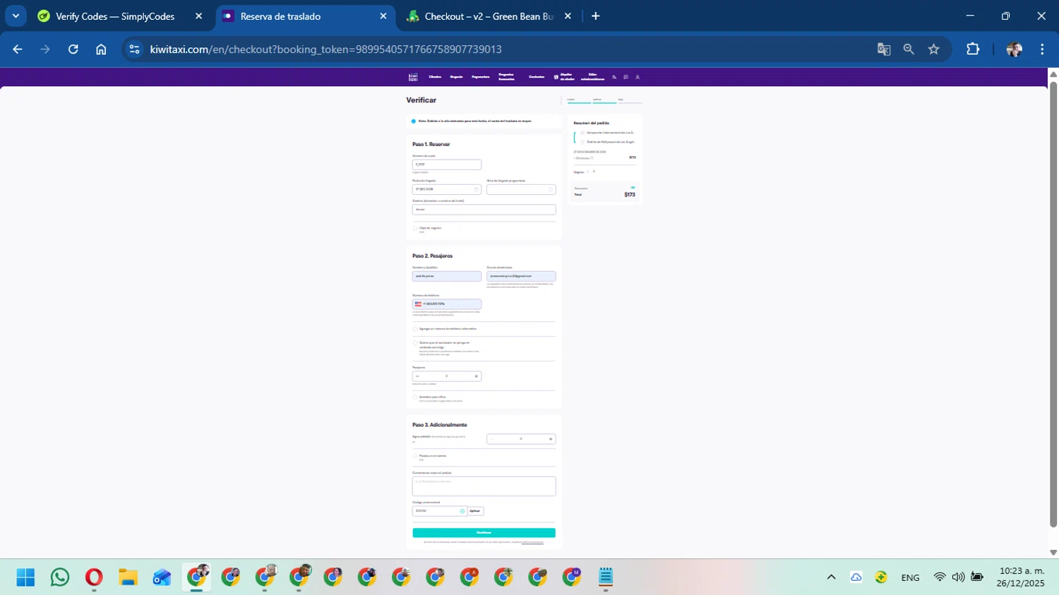 Kiwitaxi checkout page showing Kiwitaxi promo code box | Screenshot taken by SimplyCodes community member on Dec 26, 2025