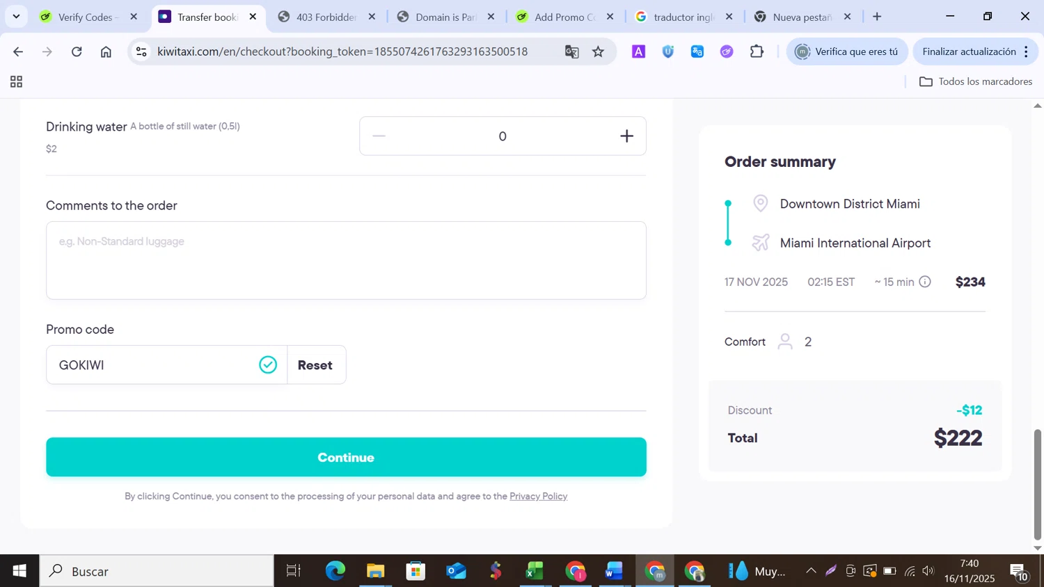 Kiwitaxi checkout page showing Kiwitaxi promo code box | Screenshot taken by SimplyCodes community member on Nov 16, 2025