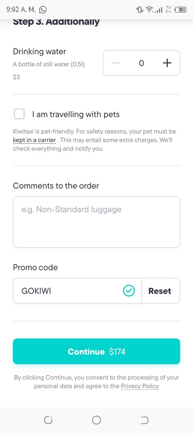 Kiwitaxi checkout page showing Kiwitaxi promo code box | Screenshot taken by SimplyCodes community member on Dec 15, 2025