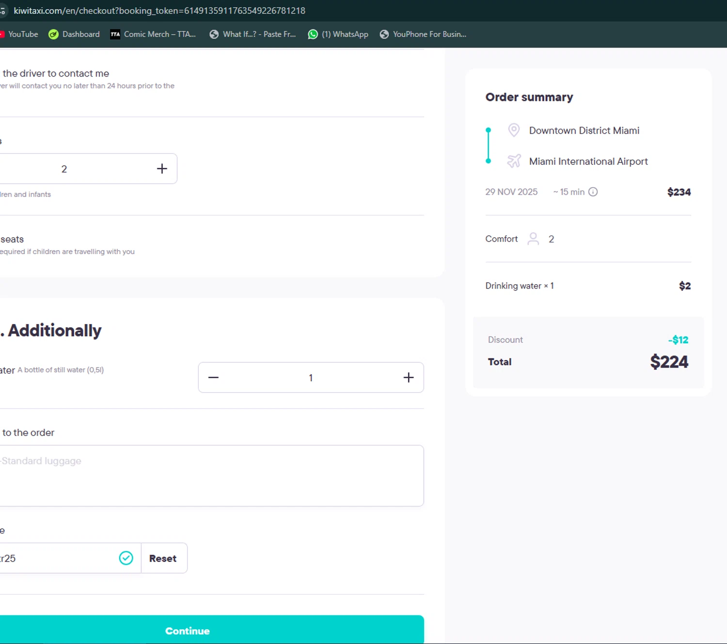 Kiwitaxi promo code screenshot showing code Dealspotr25 applied at Kiwitaxi checkout page. Uploaded by SimplyCodes community member avatar on Nov 19, 2025