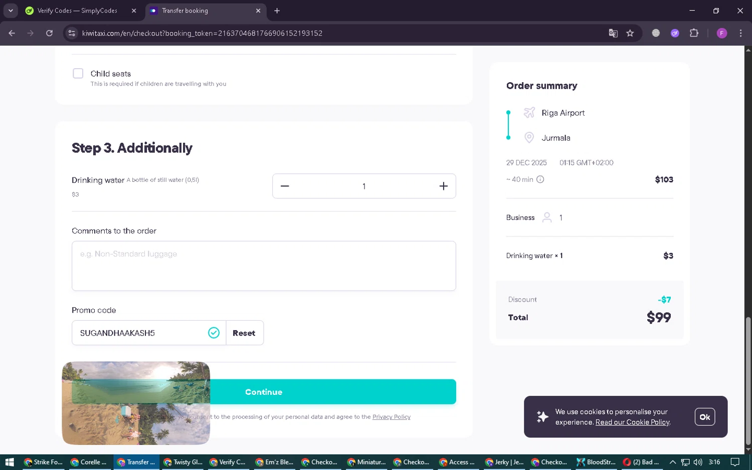 Kiwitaxi promo code screenshot showing code SUGANDHAAKASH5 applied at Kiwitaxi checkout page. Uploaded by SimplyCodes community member CleverSpotter6431 on Dec 28, 2025