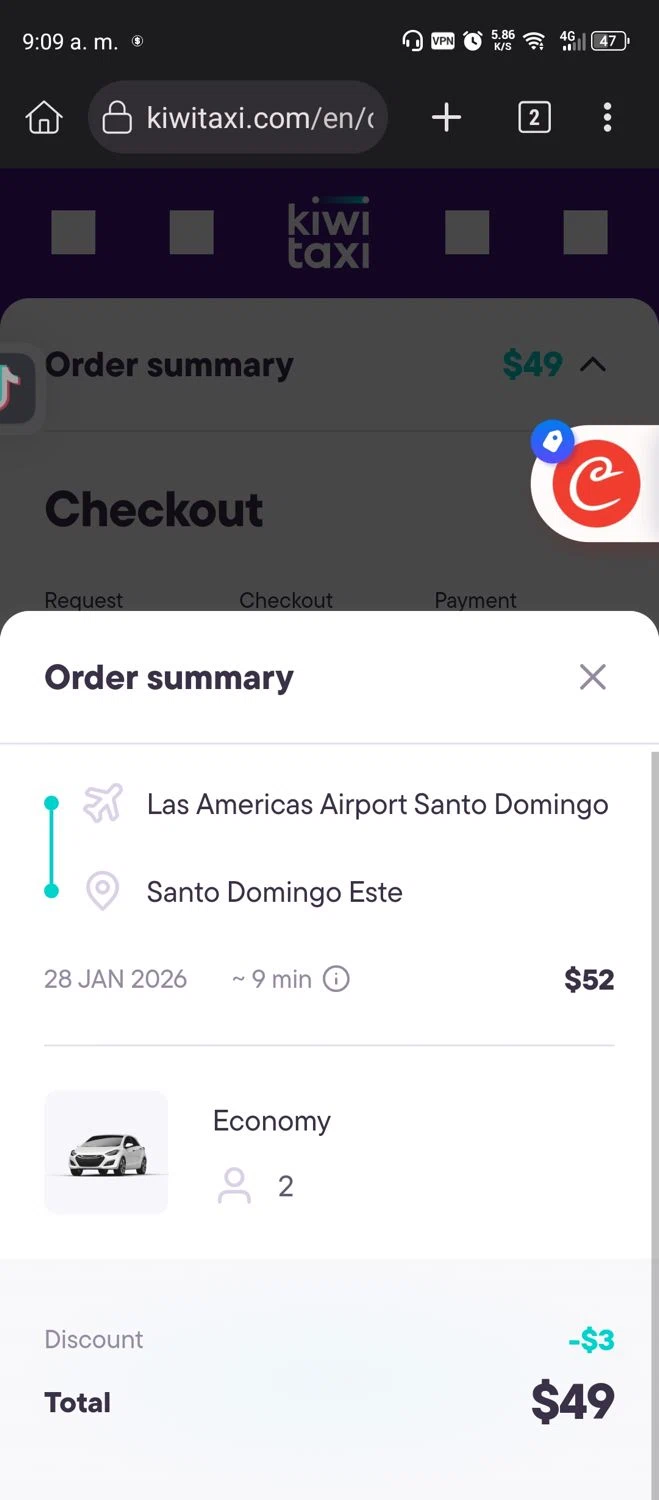 Kiwitaxi promo code screenshot showing code NEWYEAR26 applied at Kiwitaxi checkout page. Uploaded by SimplyCodes community member Diego_Soto on Jan 6, 2026
