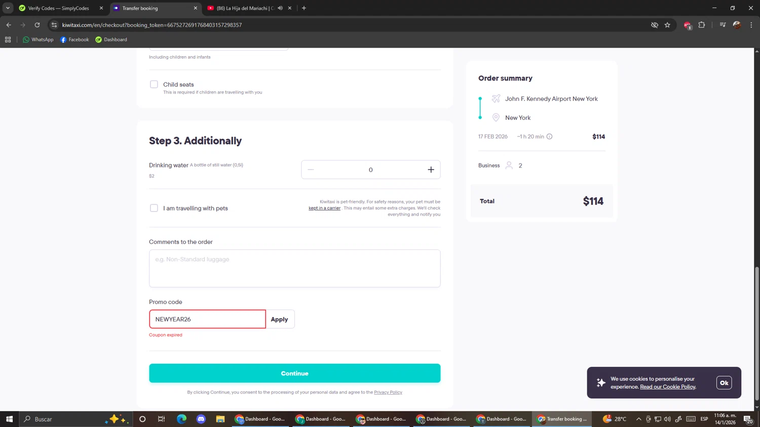 Kiwitaxi promo code screenshot showing code NEWYEAR26 applied at Kiwitaxi checkout page. Uploaded by SimplyCodes community member ScanShopper554 on Jan 14, 2026
