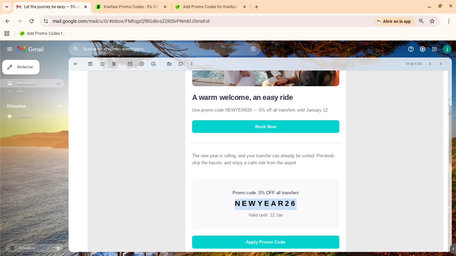 Kiwitaxi promo code screenshot showing code NEWYEAR26 applied at Kiwitaxi checkout page. Uploaded by SimplyCodes community member yennifergonzalez on Jan 6, 2026