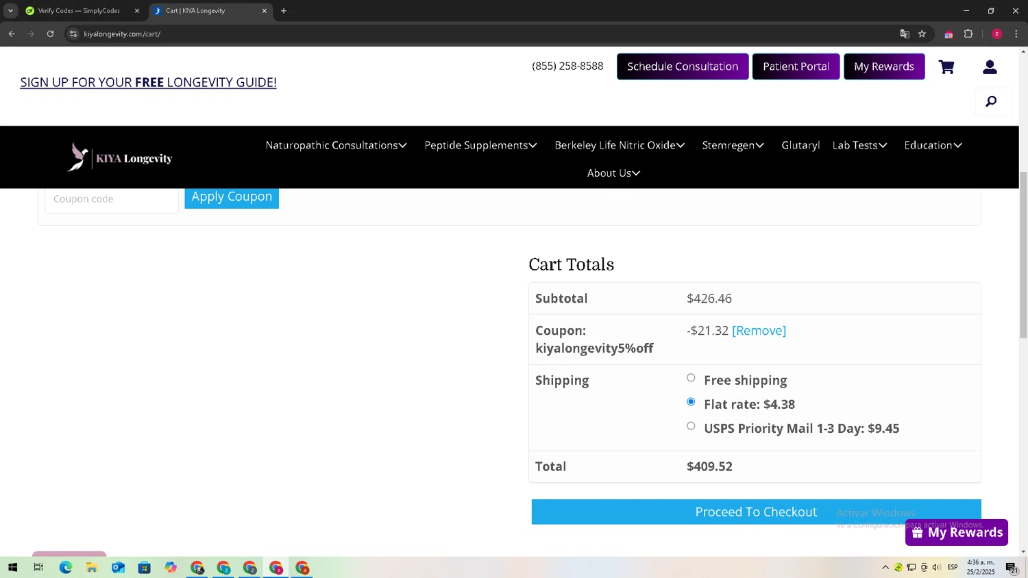 KIYA Longevity promo code screenshot showing code KIYALONGEVITY5%OFF applied at KIYA Longevity checkout page. Uploaded by SimplyCodes community member TreasureTitan9744 on Feb 25, 2025