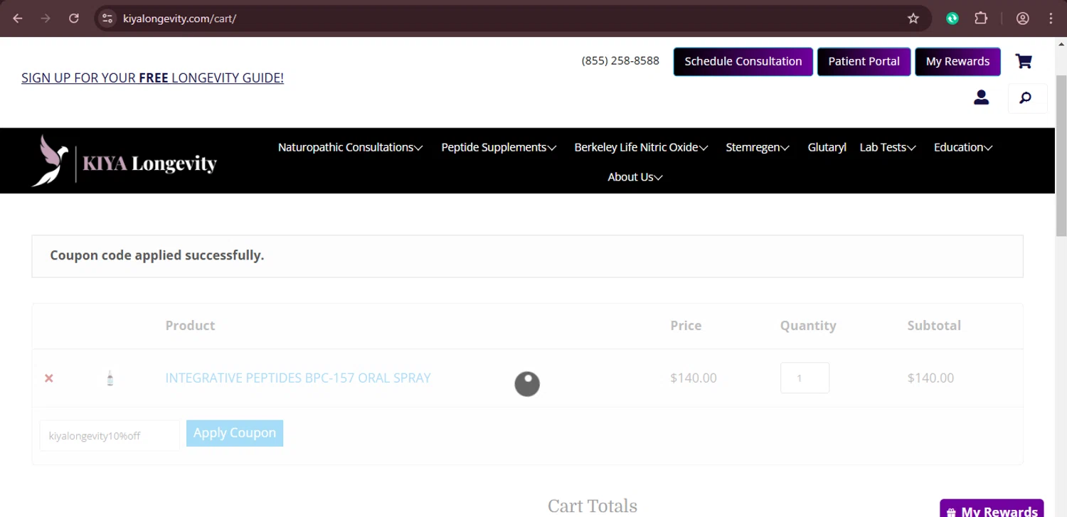 KIYA Longevity promo code screenshot showing code kiyalongevity10%off applied at KIYA Longevity checkout page. Uploaded by SimplyCodes community member xaswqe on Feb 25, 2025