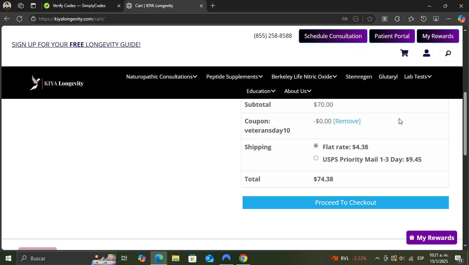 KIYA Longevity promo code screenshot showing code Veteransday10 applied at KIYA Longevity checkout page. Uploaded by SimplyCodes community member WonderKnight7884 on Jan 15, 2025