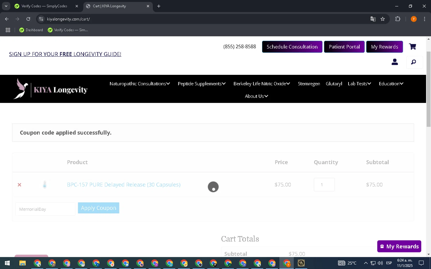 KIYA Longevity promo code screenshot showing code MemorialDay applied at KIYA Longevity checkout page. Uploaded by SimplyCodes community member CrownAdmiral3396 on Jan 11, 2025
