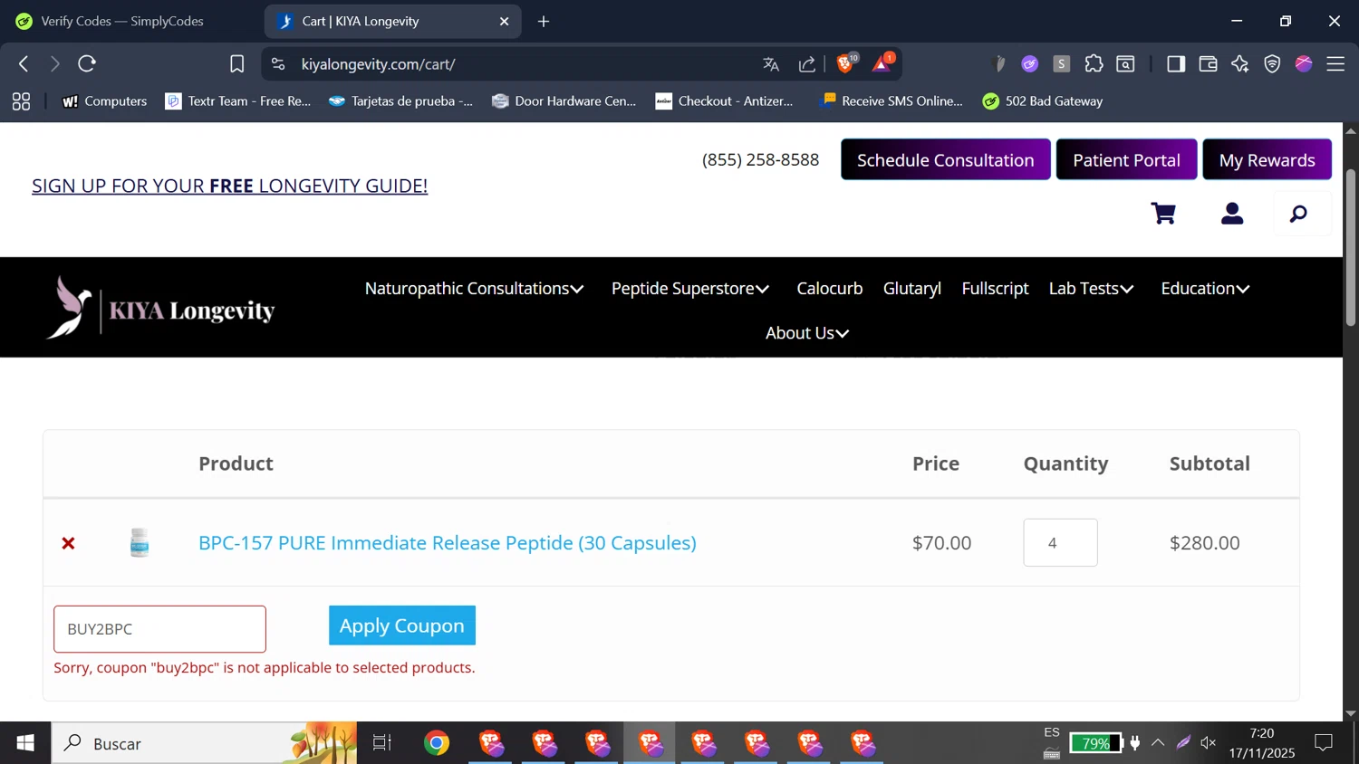 KIYA Longevity checkout page showing KIYA Longevity promo code box | Screenshot taken by SimplyCodes community member on Nov 17, 2025